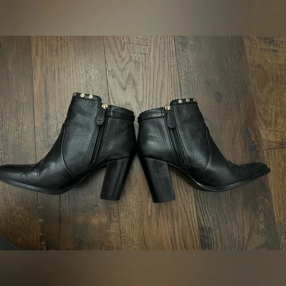 Tory Burch Black Leather Heeled Boots with Gold Accents Size 7 Mae Studded - Picture 4 of 11